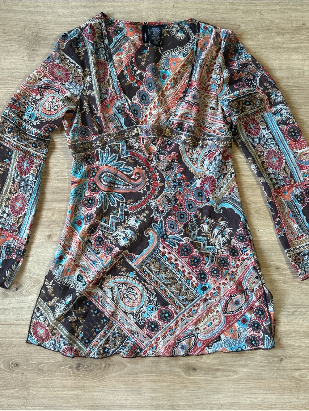 MIXIT Paisley Print V-Neck Tunic Dress‎ in Brown & Teal